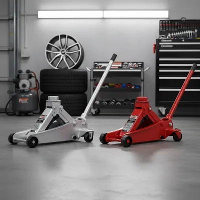 A side-by-side visual comparison of a sleek, silver aluminum floor jack and a robust, red steel floor jack in a well-lit garage setting. Both jacks are positioned next to each other, highlighting their aesthetic and structural differences. The aluminum jack appears lighter and more refined, while the steel jack looks heavier and more industrial, with automotive wheels and tools in the background.