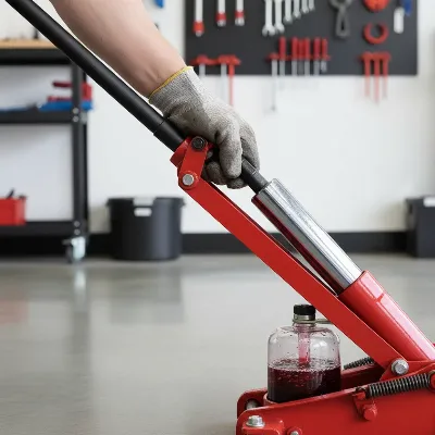 Hand pumping floor jack handle to bleed air after fluid change, showing smooth operation.