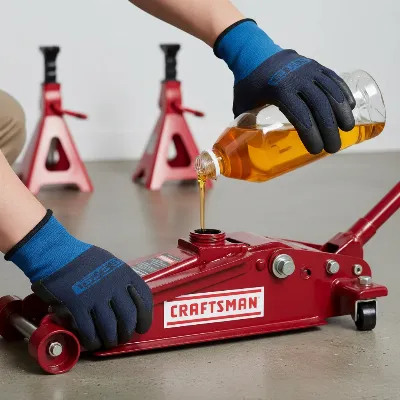 A Craftsman 3-ton floor jack being maintained with a person checking its hydraulic fluid, emphasizing safety and care in a garage setting with jack stands nearby.