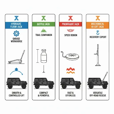 A side-by-side comparison illustrating different types of high-lift floor jacks suitable for a lifted Jeep