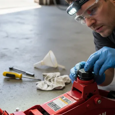 Technician preparing a floor jack for hydraulic fluid change, with safety glasses and gloves, tools laid out.