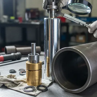 Close-up of internal hydraulic components of a floor jack being inspected
