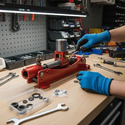 A mechanic disassembling a hydraulic floor jack to fix a leak, with tools and a repair kit laid out on a clean workbench.
