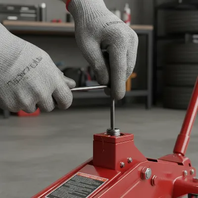A person performing routine maintenance on a floor jack, checking hydraulic fluid.
