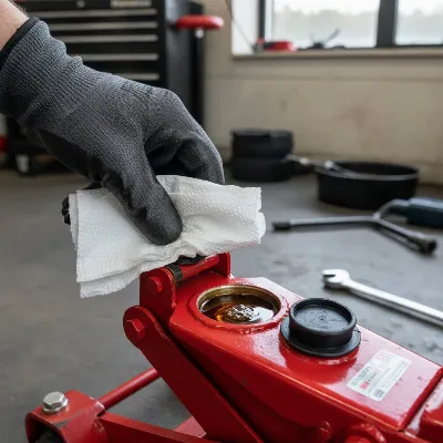 Close-up of a hand checking hydraulic fluid on a floor jack during maintenance.