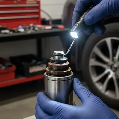 A close-up of a person inspecting the hydraulic cylinder and seals of a floor jack during a maintenance check. The hands are wearing gloves and a flashlight is used to highlight details.