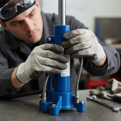 A technician inspecting a floor jack for leaks and wear during maintenance.