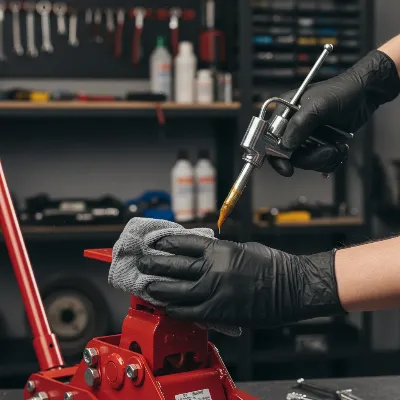 Hands cleaning and lubricating a floor jack in a home garage setting as part of regular maintenance.