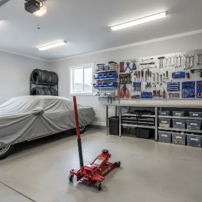 A well-maintained hydraulic floor jack stored correctly in a clean garage setting, with safety measures implied.