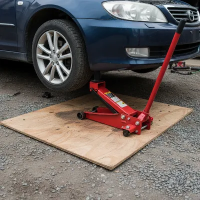 A floor jack safely positioned on a large plywood base on a dirt surface, lifting a car's wheel.
