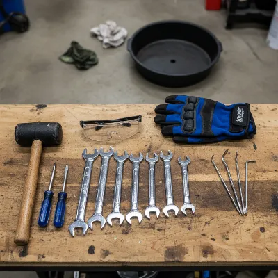 Essential tools for DIY floor jack seal replacement, including wrenches, screwdrivers, and seal picks.