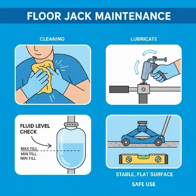 Floor Jack safety and maintenance tips, including cleaning, lubrication, and inspection