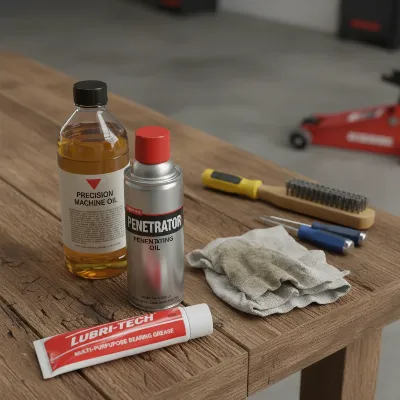 An assortment of lubricants and tools for floor jack wheel maintenance on a workbench.