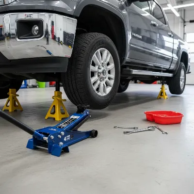 Illustration of a heavy-duty floor jack safely lifting a large truck with jack stands.