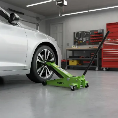 Husky 3 Ton Low Profile Floor Jack in a home garage, highlighting its quick lift and low profile design, realistic.