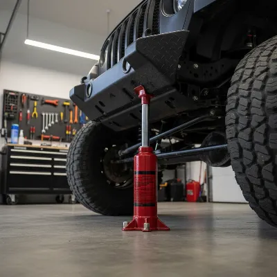 A high-capacity hydraulic bottle jack lifting the wheel of a lifted Jeep on a garage floor
