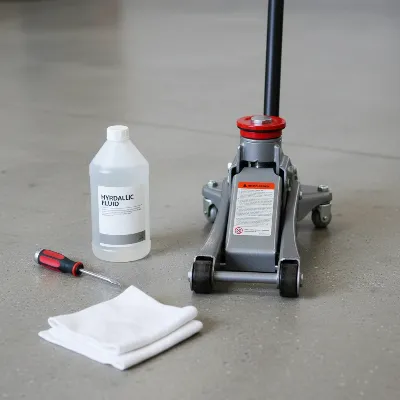 A hydraulic floor jack resting on a clean, level concrete garage floor, ready for maintenance. A small container of hydraulic fluid, a screwdriver, and rags are neatly arranged beside it.