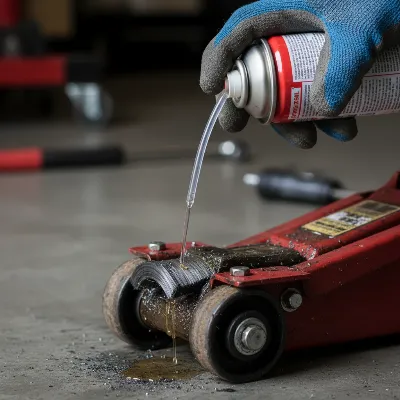 A close-up of a hand applying lubricant to a floor jack caster wheel.