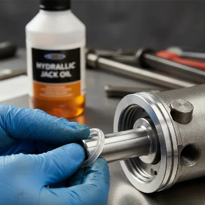 A close-up shot of hands carefully installing a new hydraulic seal onto a floor jack piston, with a bottle of hydraulic oil in the background.