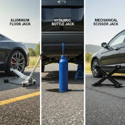 Various types of portable floor jacks including hydraulic bottle, compact trolley, and scissor jacks for roadside emergencies.