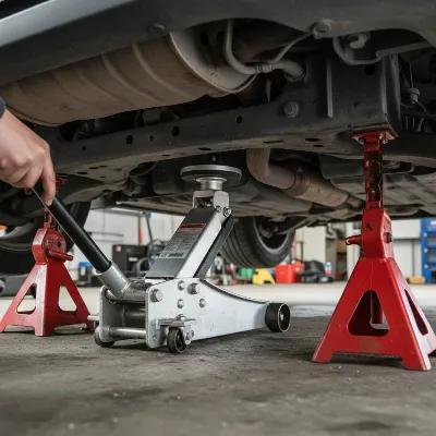 A close-up of a mechanic properly using an aluminum floor jack with jack stands under a car, highlighting safety features.