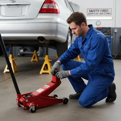 Technician inspecting a hydraulic floor jack and placing jack stands under a raised car for safety.
