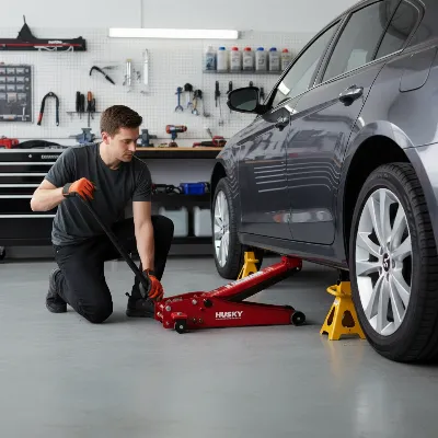 Person safely using a Husky 3 Ton Low Profile Floor Jack and jack stands.
