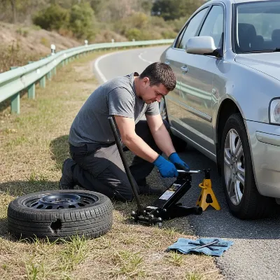 Person safely using a portable floor jack with jack stand on a flat surface for a roadside tire change.