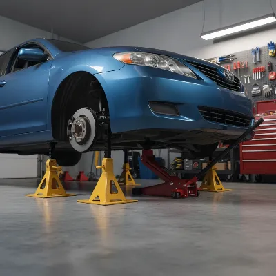 Car safely lifted on jack stands with wheel chocks