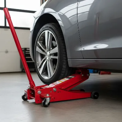 A Torin Big Red 3 Ton Floor Jack lifting the front wheel of a sedan, showcasing its low profile and robust design.